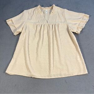 Falechay women’s Cream V-neck short flutter sleeves Top w/crochet lace detail,XL